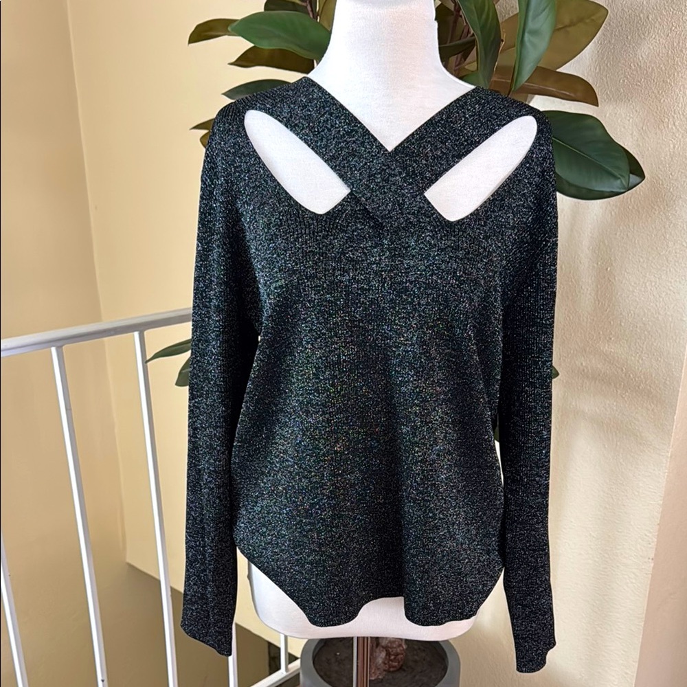 Michael Kors Cut Out Detailed Metallic Black Knitted Long Sleeve Sweater Size 3X